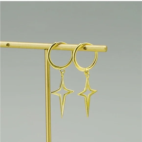 Sterling Silver Hinged Hoop 4 Point Star Cross Drop Hoop Earrings - Picture 3 of 6